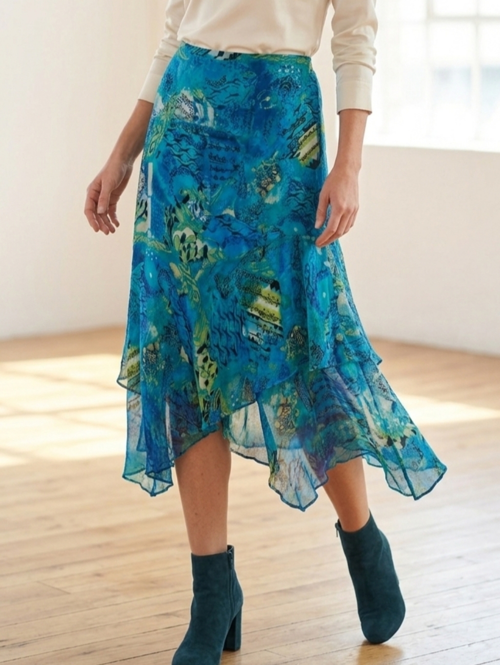 Chico’s 100% Silk Asymmetrical Abstract Midi Skirt